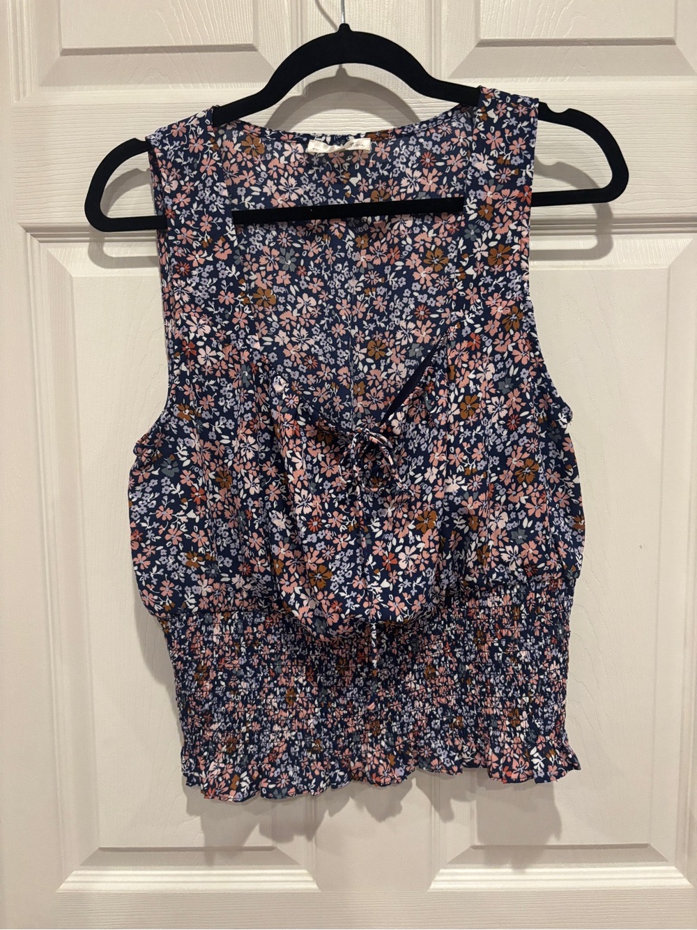 nine britton Navy Floral Sleeveless Tie-Front Tank with Pink and Brown Accents